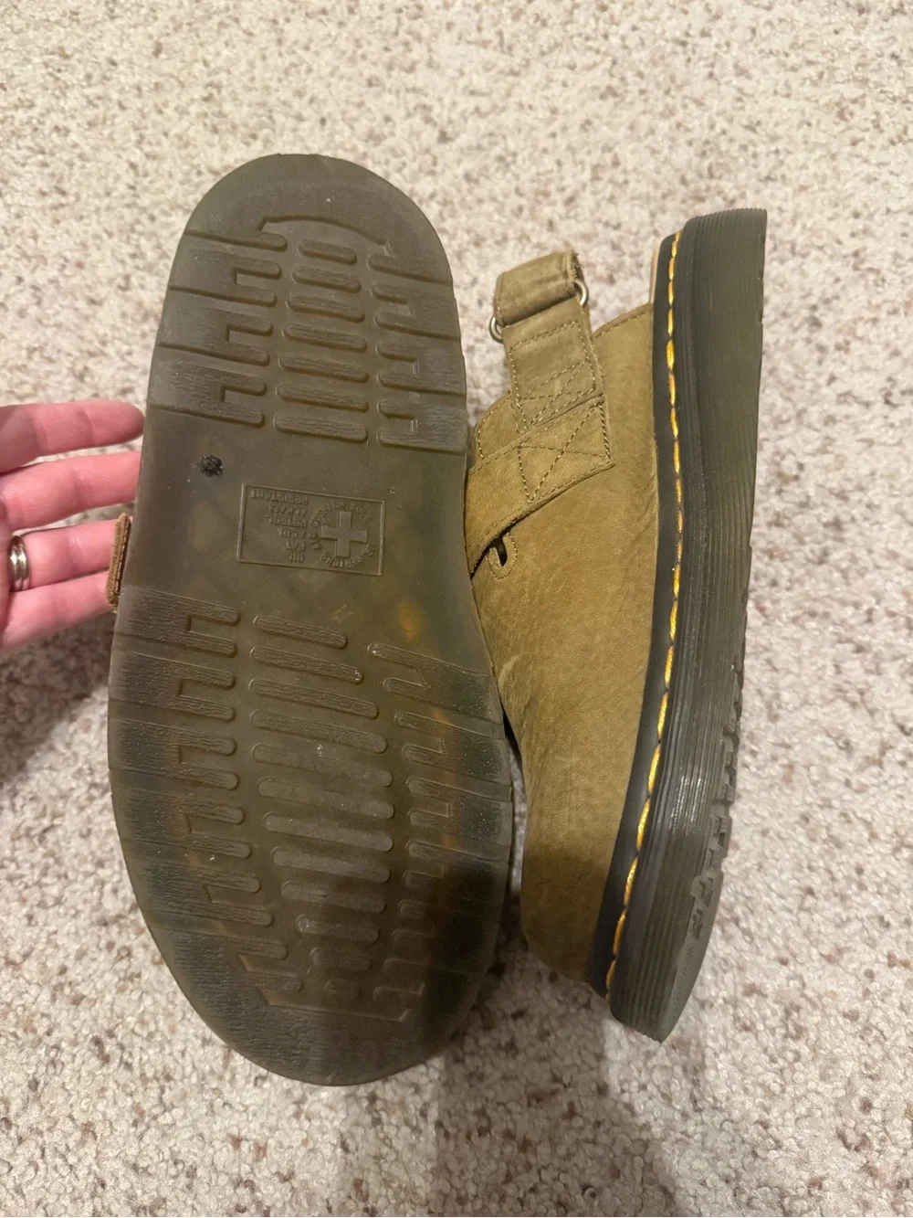Dr. Martens Olive Green Leather Buckle Clogs with Yellow Stitching